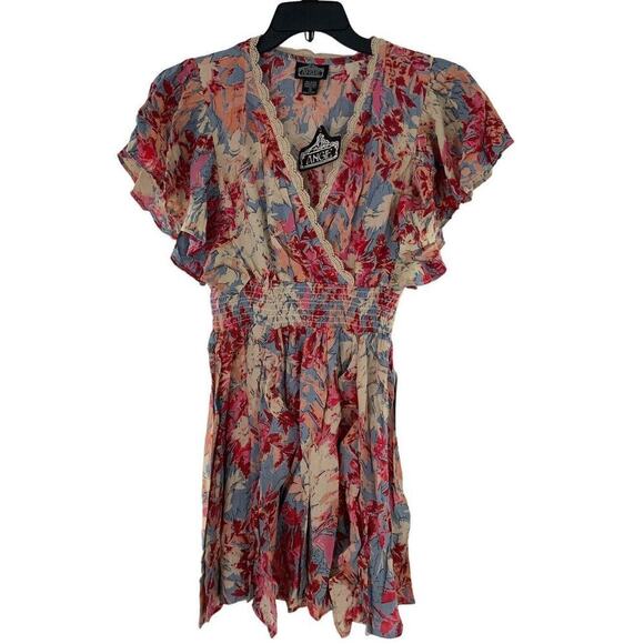 Angie Floral Smocked Waist Flutter Sleeves Boho V-Neck Dress Size Small NEW - Picture 3 of 10